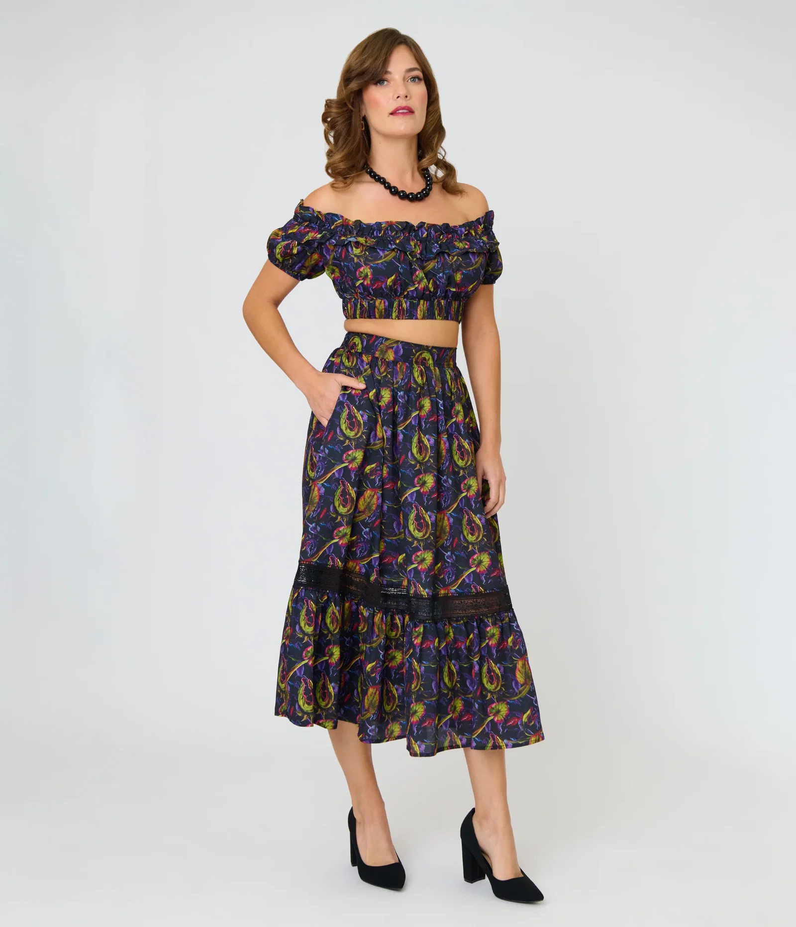 Image of Unique Vintage Carnivorous Plants Tiered Midi Skirt