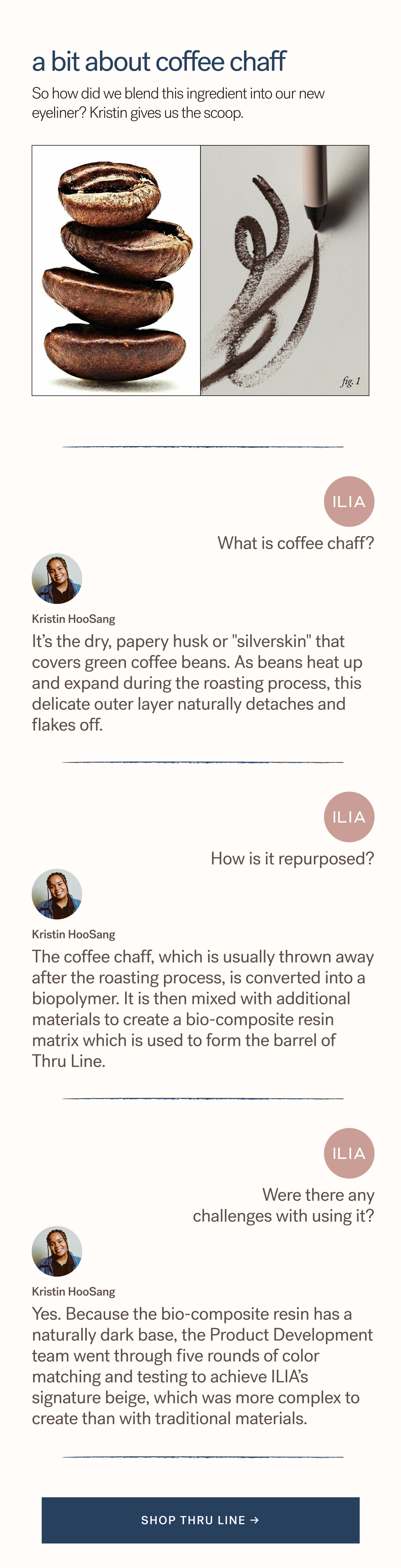 A Bit About Coffee Chaff So how did we blend this ingredient into our new eyeliner? Kristin gives us the scoop.  fig. 1 What is coffee chaff? Kristin HooSang It’s the dry, papery husk or "silverskin" that covers green coffee beans. As beans heat up and expand during the roasting process, this delicate outer layer naturally detaches and flakes off. How is it repurposed? Kristin HooSang The coffee chaff, which is usually thrown away after the roasting process, is converted into a biopolymer. It is then mixed with additional materials to create a bio-composite resin matrix which is used to form the barrel of  Thru Line. Were there any challenges with using it? Kristin HooSang Yes. Because the bio-composite resin has a naturally dark base, the Product Development team went through five rounds of color matching and testing to achieve ILIA’s signature beige, which was more complex to create than with traditional materials. SHOP thru line →