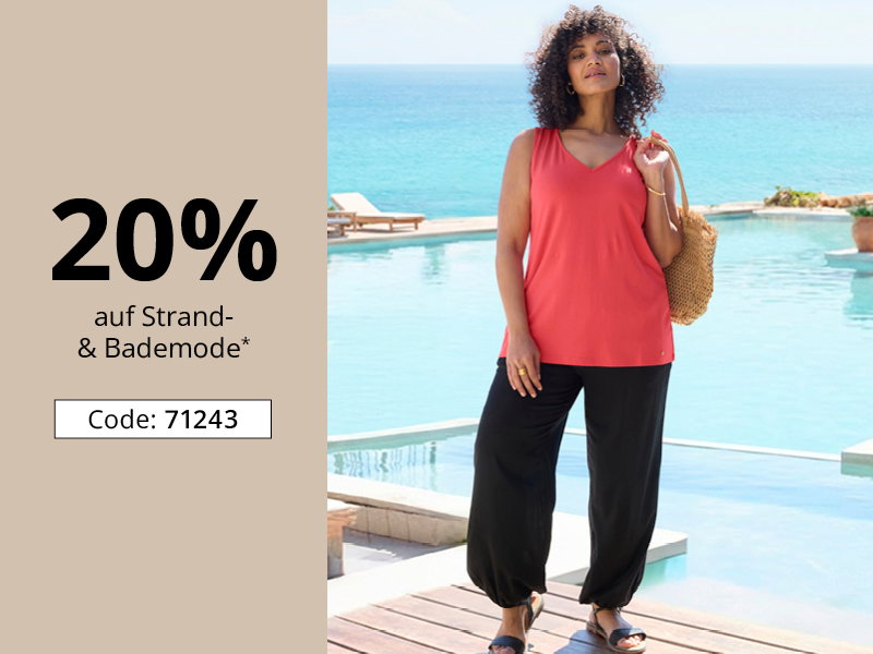 Werbebanner mit Model in Strandkleidung und Text: 20% auf Strand- & Bademode mit Code: 71243.