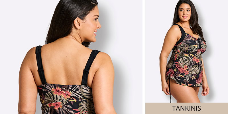 Model in tropisch gemustertem Tankini und Link in alle Tankinis