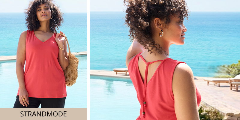 Model am Meer mit rotem Strandtop und Link in die Strandmode.