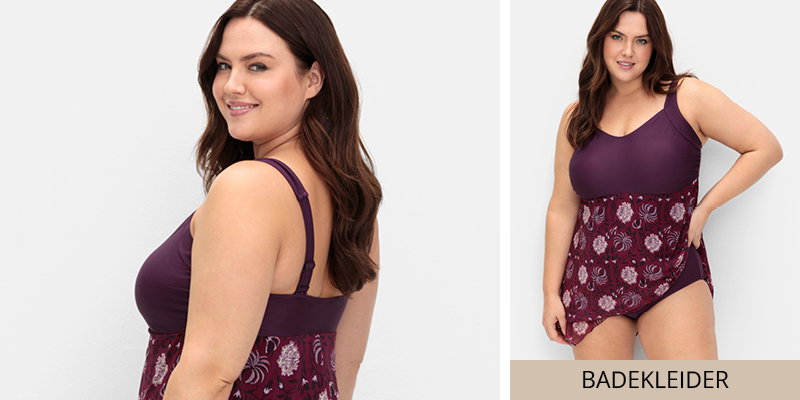 Model in Aubergine-gemustertem Badekleid und Link in alle Badekleider.