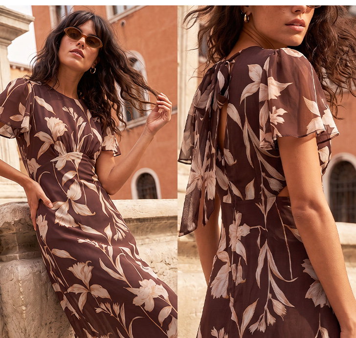 Floral Print Flutter Sleeve Midi Dress