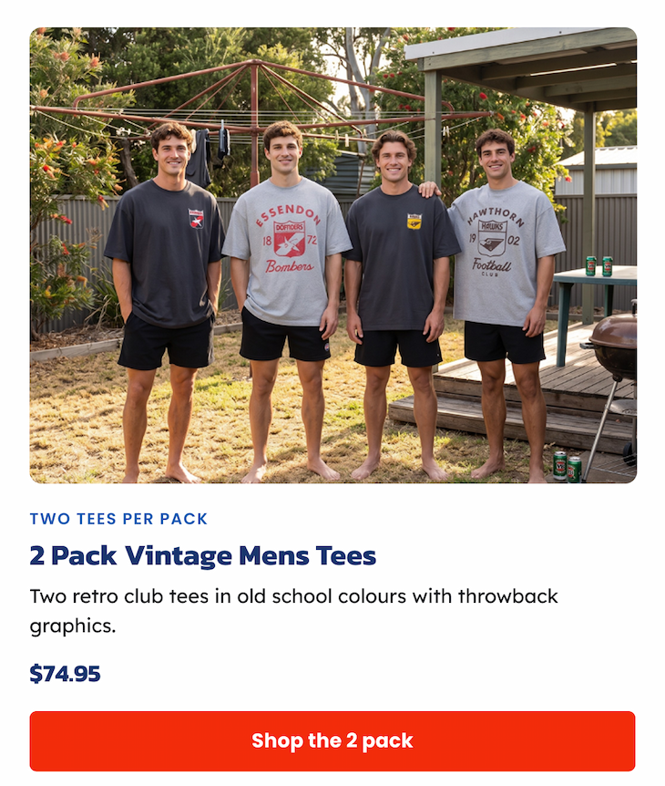Four men wearing a bunch of AFL Vintage Tees, available as part of the two pack