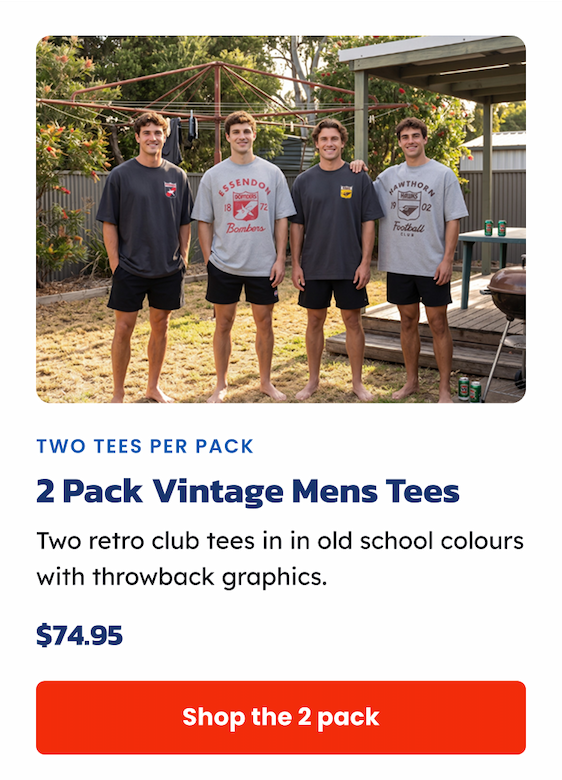 Four men wearing a bunch of AFL Vintage Tees, available as part of the two pack