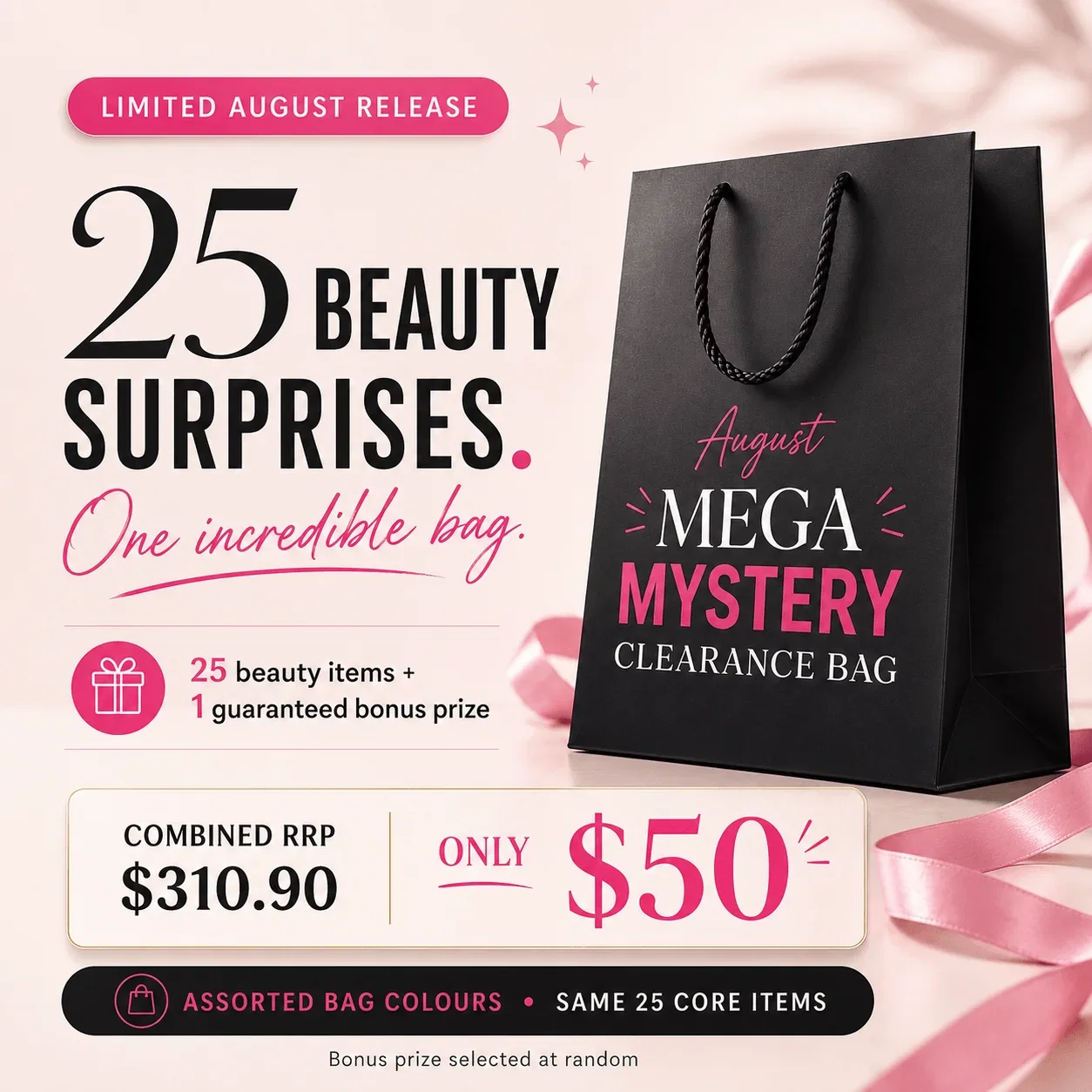 August Mega Mystery Clearance Bag — 25 beauty items plus one guaranteed bonus prize for $50
