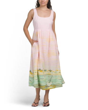 Linen Blend Seaside Print Midi Dress For Women, Cotton/Linen/Rayon