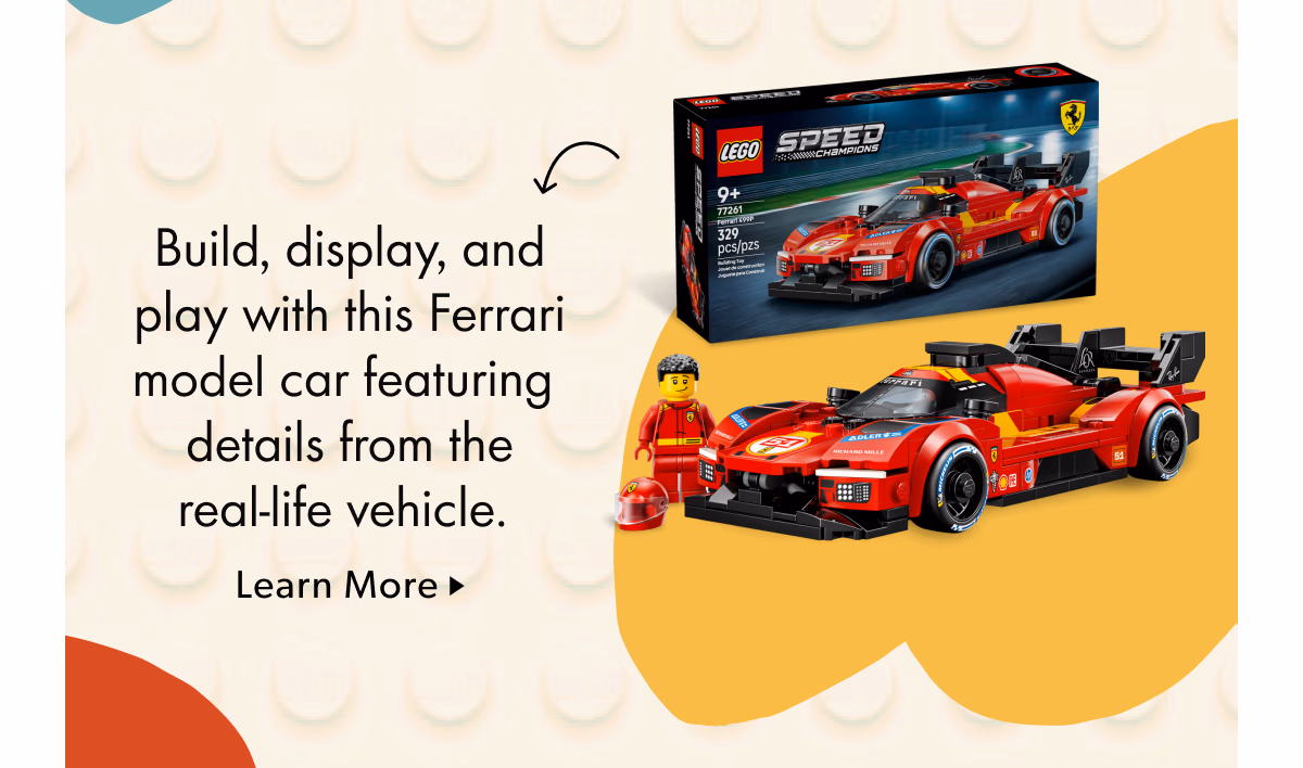Build, display, and play with this Ferrari model car featuring details from the real-life vehicle.