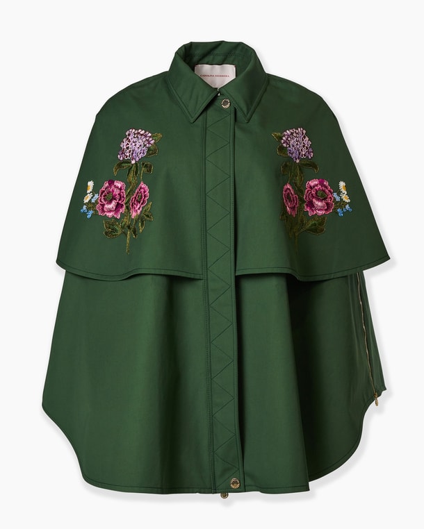 Floral-Embroidered Gabardine Cape