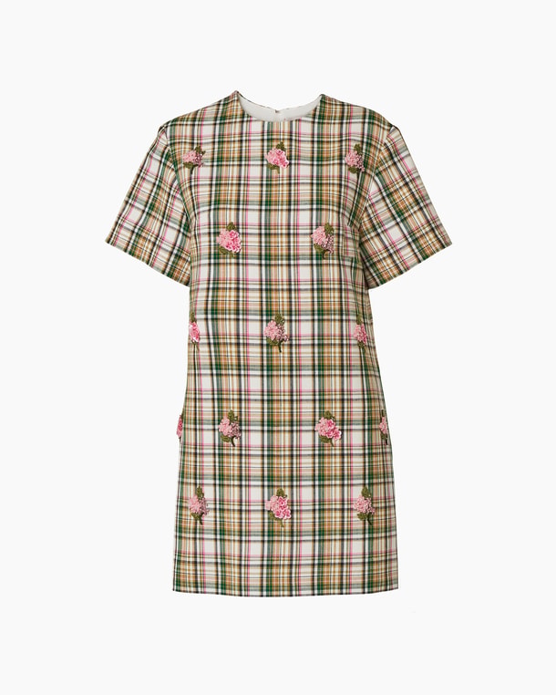 Floral-Embroidered Plaid Shift Dress