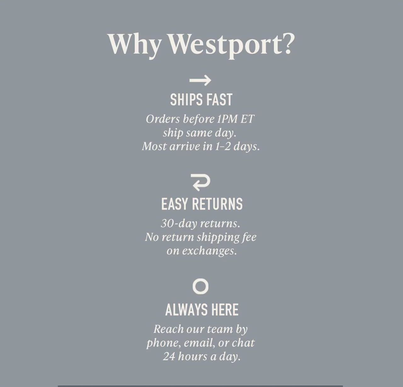 Why Westport? Ships Fast — orders before 1PM ET ship same day, most arrive in 1–2 days. Easy Returns — 30-day returns, no return shipping fee on exchanges. Always Here — reach our team by phone, email, or chat 24 hours a day.