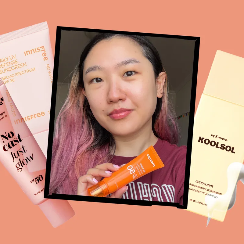 A collage of an Allure editor holding a Korean sunscreen alongside other product silos and a white sunscreen swatch, all on an orange background