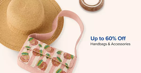 Up to 60% off handbags and accessories. Shop now. A woven sun hat next to a small purse.