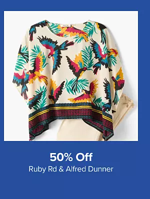 50% off Ruby RD. and Alfred Dunner. A womens top with parrots on it and tan pants.