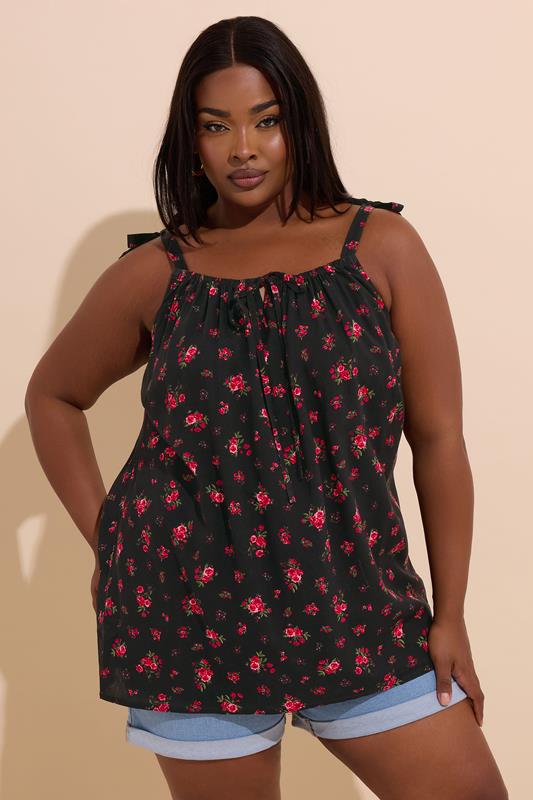 Image of YOURS Curve Black Floral Tie Front Cami Top
