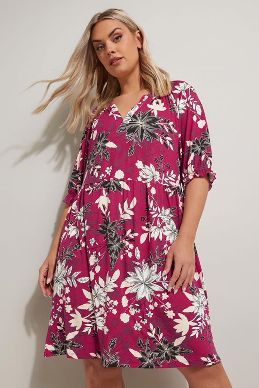 Image of YOURS Curve Pink Floral Print Notch Neck Mini Dress