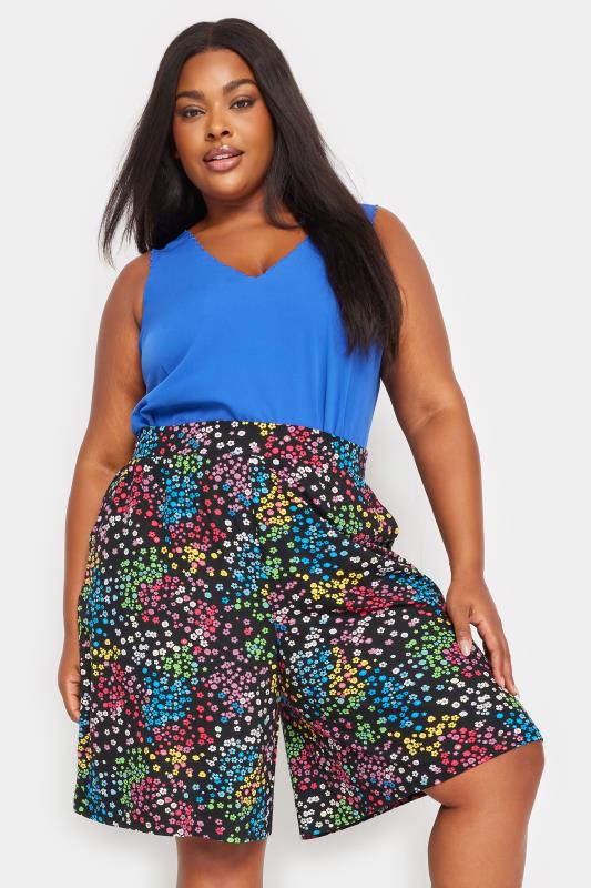 Image of YOURS Curve Black Rainbow Ditsy Floral Print Jersey Shorts