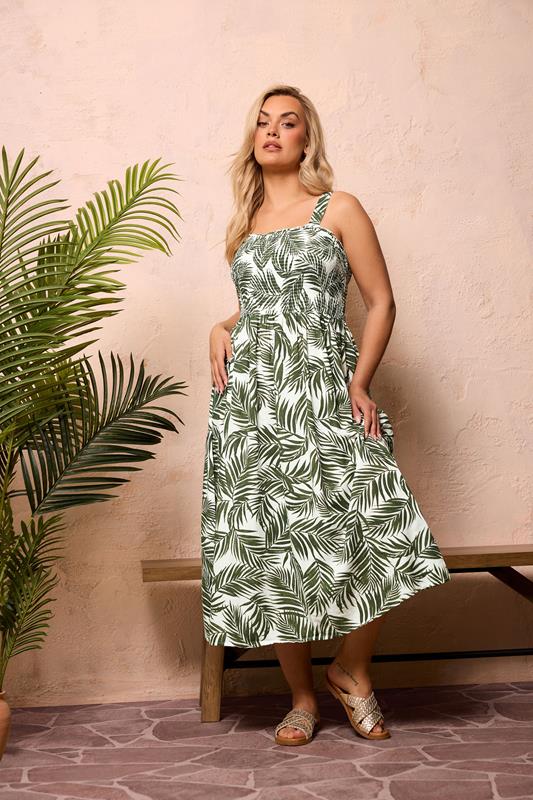 Image of YOURS Curve Green Palm Leaf Shirred Linen Maxi Dress