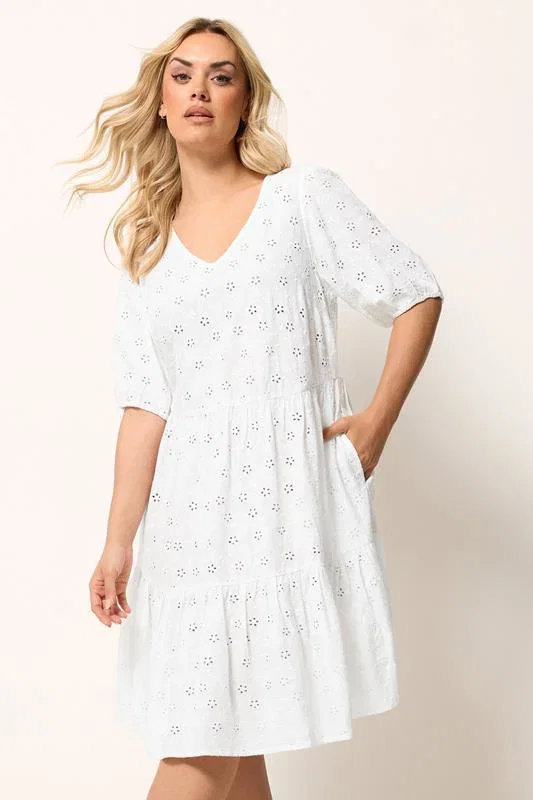 Image of YOURS Curve White Broderie Anglaise Tiered Dress
