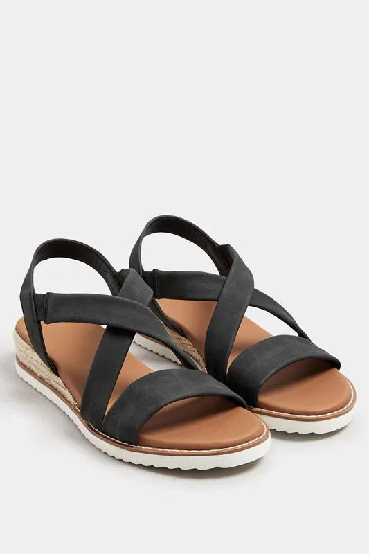 Image of Black Cross Over Strappy Wedge Sandals In Wide E  Extra Wide EEE Fit