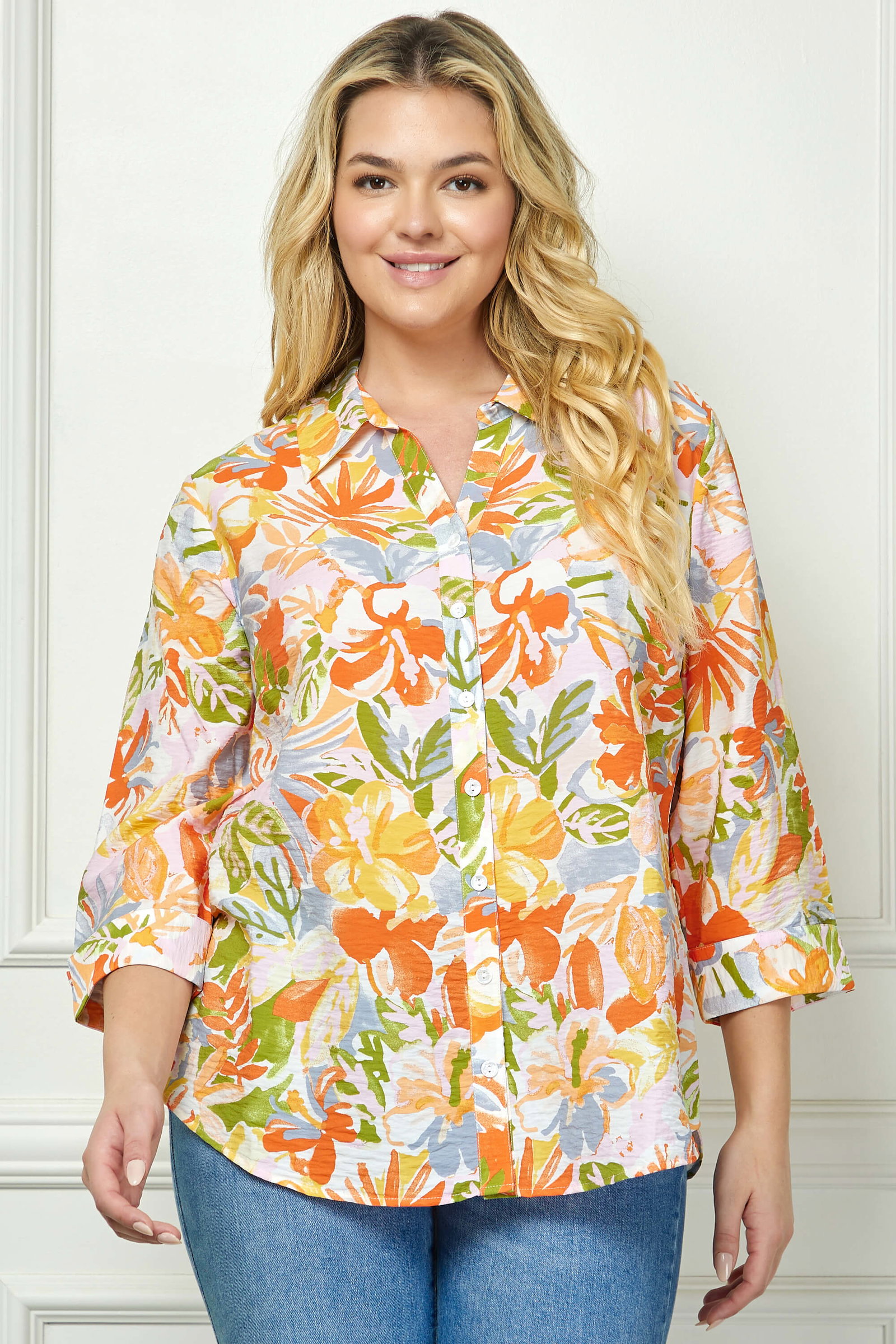 Image of 3/4 Notch Cuff Sleeve Johnny Collar Shirt in Orange - Plus
