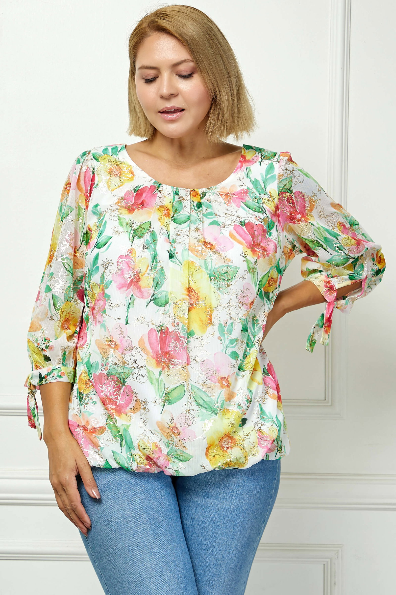 Image of 3/4 Tie Sleeve Pleat Neck Floral Foil Bubble Blouse in White/Pink/Green Multi - Plus