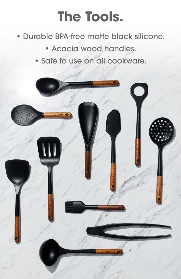The tools: Durable BPA-free silicone, acacia wood handles, safe for all cookware.