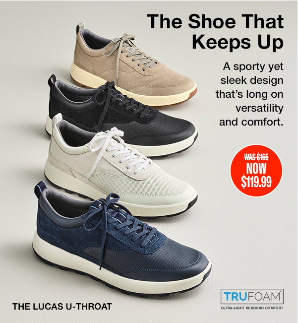 Four Lucas U-Throat sneakers in tan, black, white, and navy displayed on a light background. Text reads: 