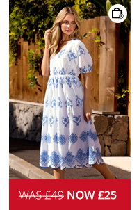 M&Co White & Blue Broderie Cotton Midi Dress