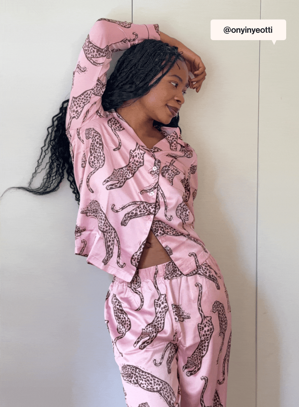 Satin Lino Cut Leopard Print Long Pyjama Set - Pink / @onyinyeotti