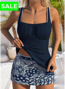 Contrast Binding Mid Waisted Paisley Print Navy Tankini Set