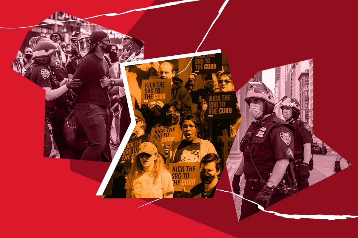 Collage of SRG, police arrests, protest.