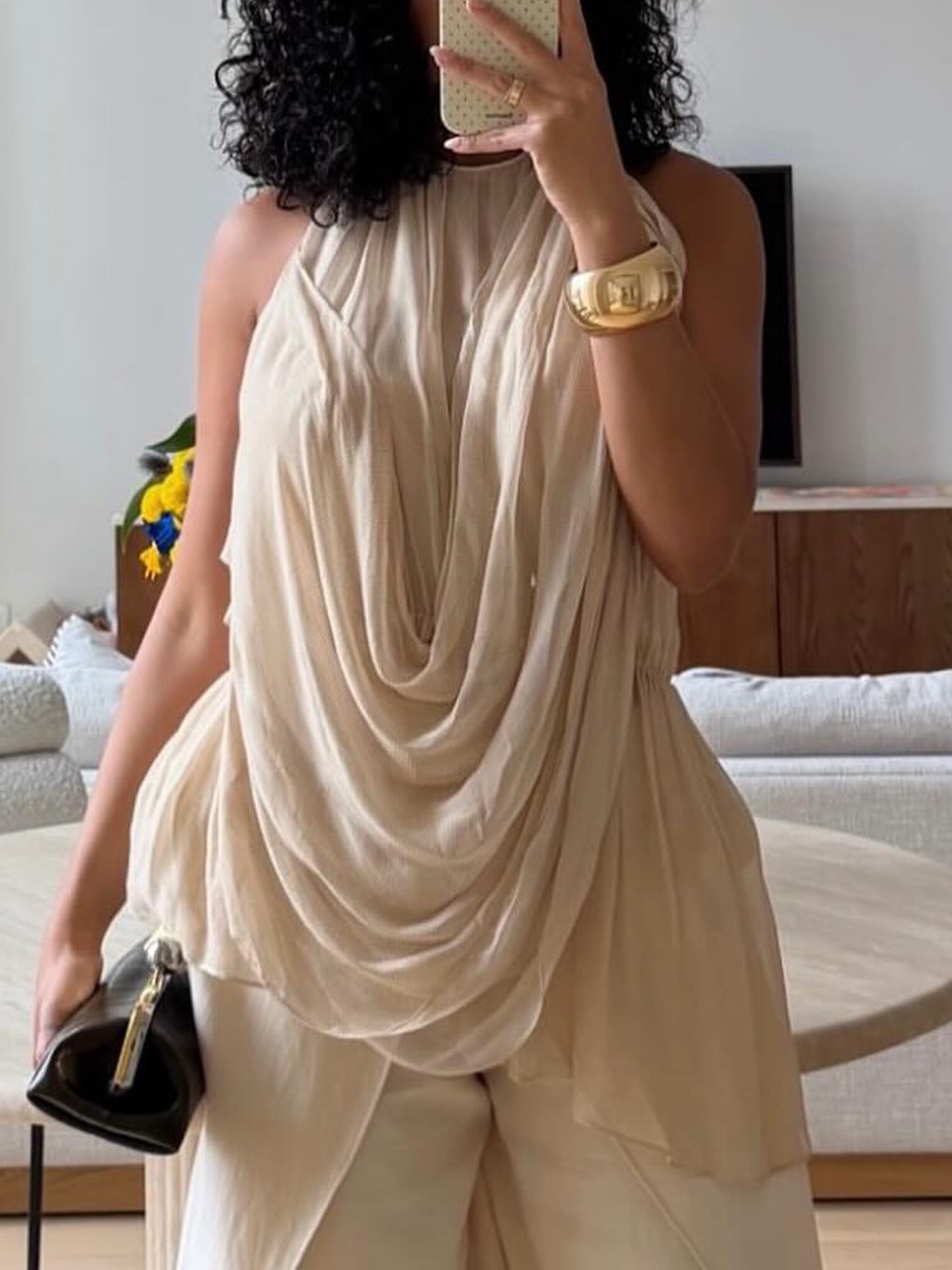 Casual Plain Ruched Crew Neck Blouse