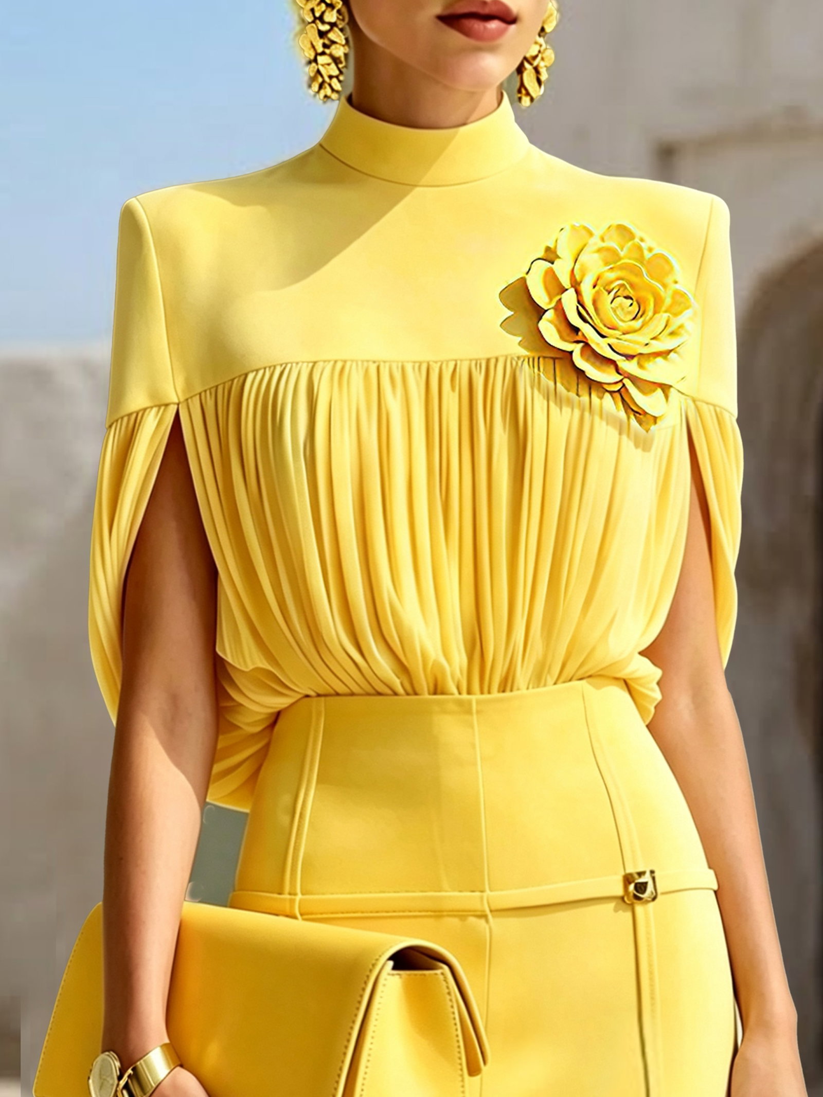 Elegant Solid Ruched Stand Collar Blouse for Party