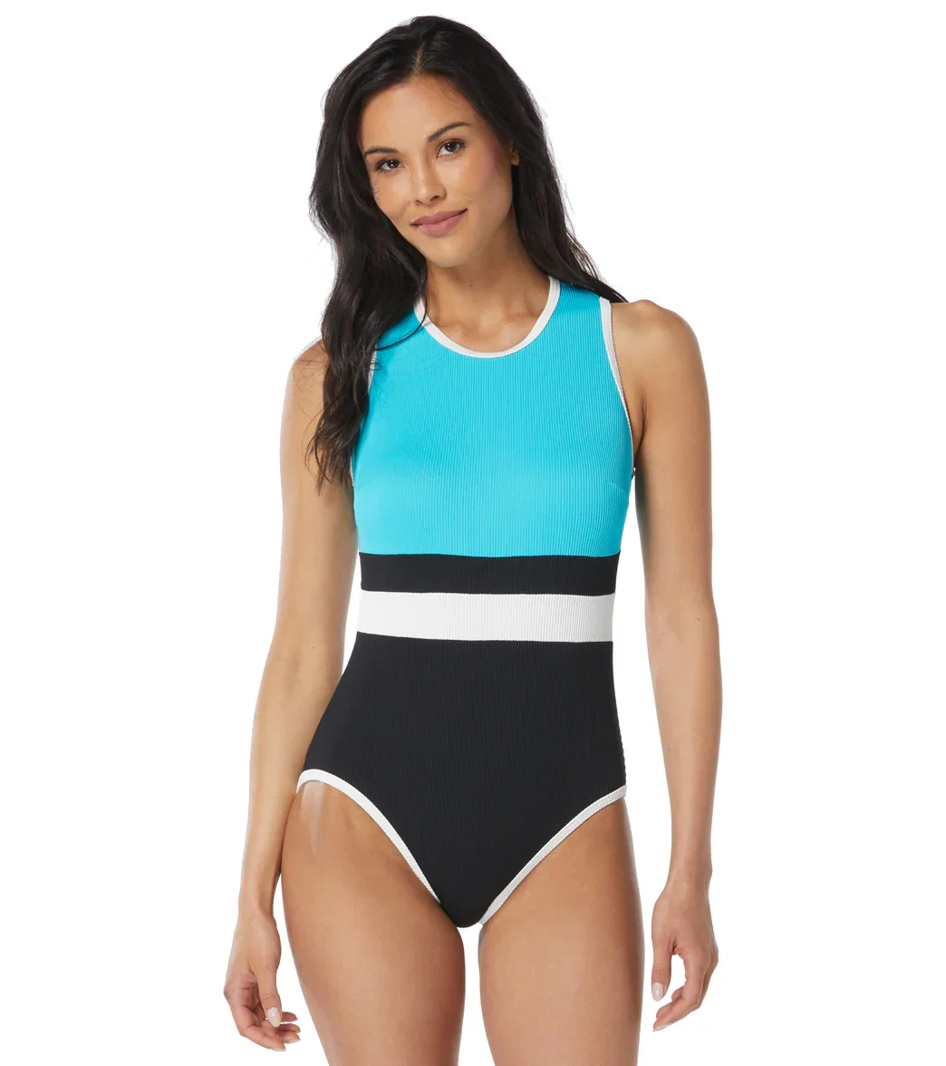 Image of Beach House Women's Color Block Rib Aspire High Neck One Piece Swimsuit
