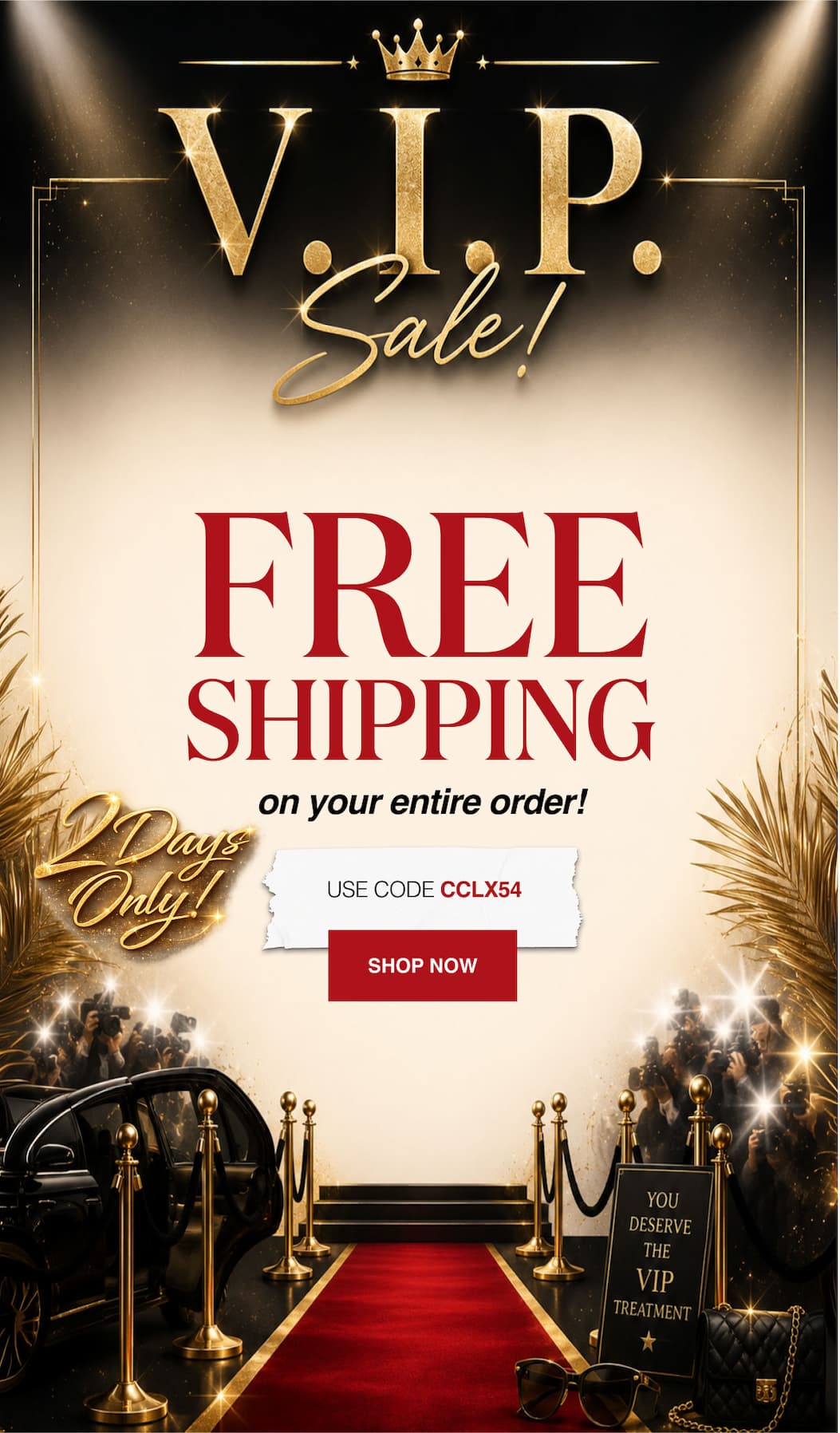 VIP Sale! Free Shipping on your entire order. 2 days only