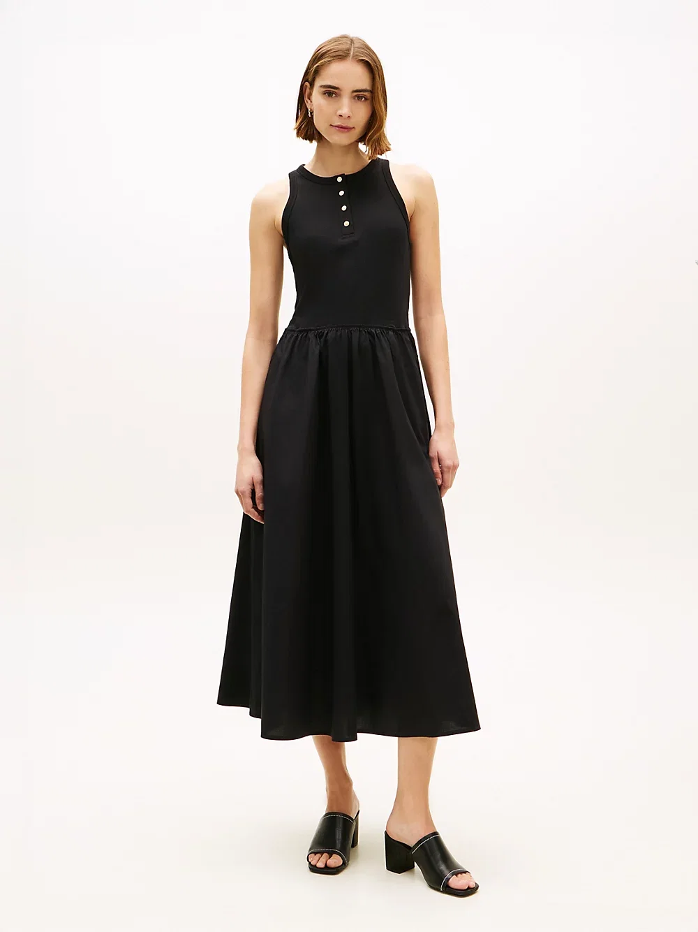 Gold Tone Button Sleeveless Maxi Dress