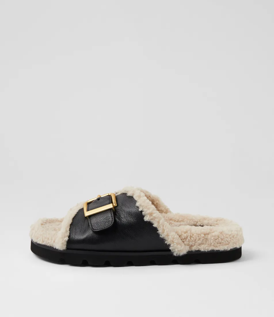 Image of Esme Black Cream Leather Shearling Slides
