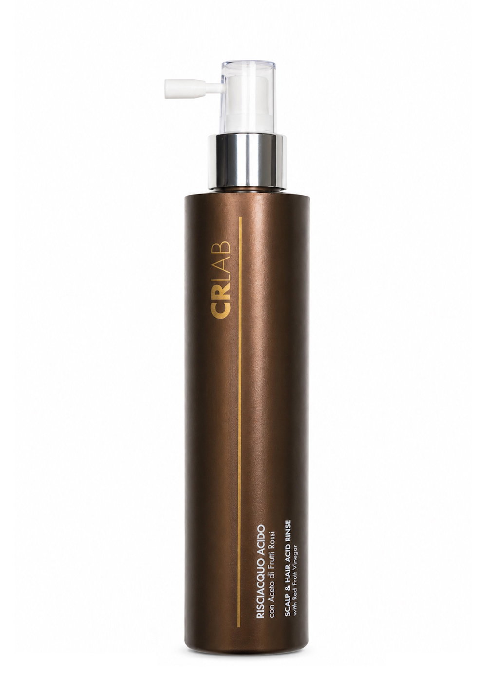 CRLAB brown metallic pump bottle for acidic hair rinse, tall cosmetic packaging with gold logo on white background