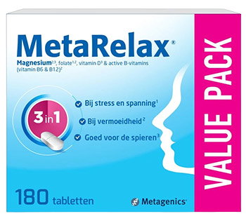 MetaRelax value pack 180 tablets — magnesium, folate, vitamin D & B-vitamins; 3-in-1 for stress, fatigue & muscle support