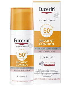 Eucerin Pigment Control Sun Fluid SPF 50+ bottle and box, high-protection suncream for hyperpigmentation