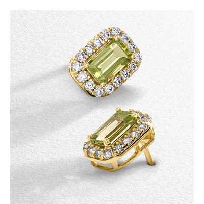 Yellow gold green peridot and diamond halo stud earrings.