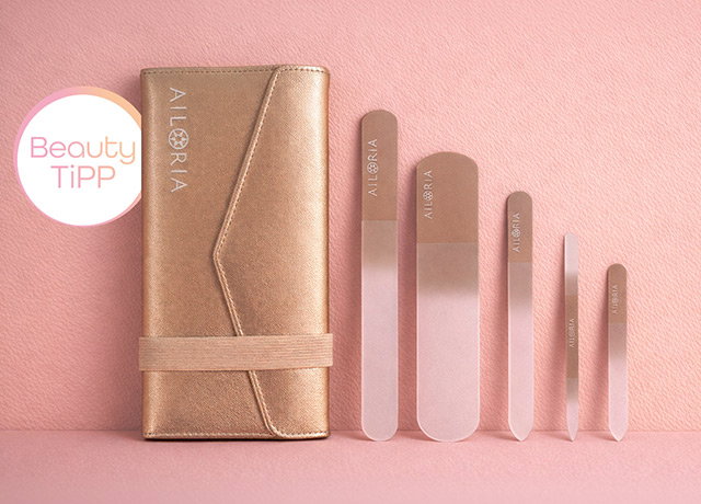 287686 AILORIA Contour Luxe Glasnagelfeilen-Set mit Spiegelchen im Etui, 5tlg.
