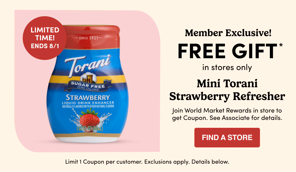 Limited Time! Ends 8/1 Member Exclusive! FREE GIFT* in stores only Mini Torani Strawberry Refresher find a store