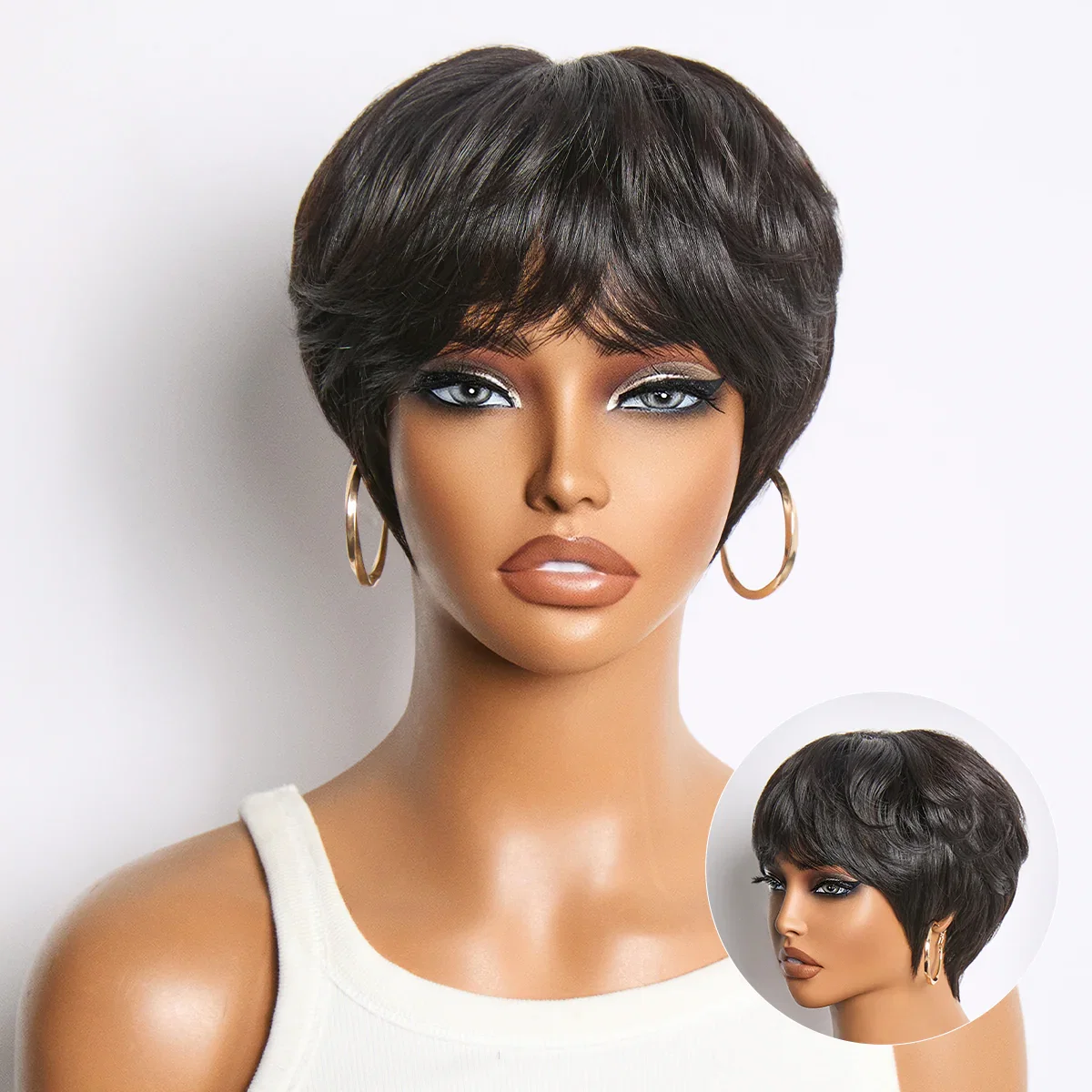 Image of Throw On & Go Natural Black Pixie Cut with Bangs Glueless Minimalist Lace Wig