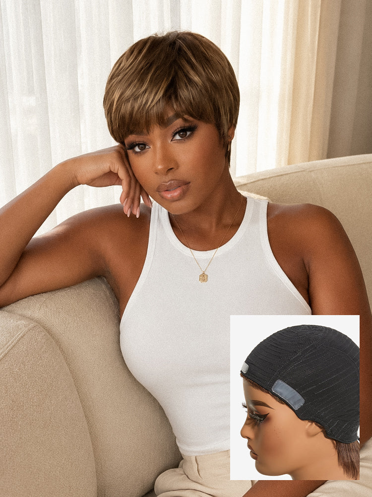 Image of Throw On & Go Light Blonde Short Cut with Bangs Wig Ultra Comfort Skin-Like Soft Care Glueless Wig