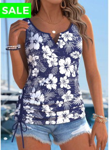 Navy Tummy Coverage Floral Print Sleeveless Tank Top