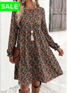 Multi Color Ditsy Floral Print Short Long Sleeve Dress