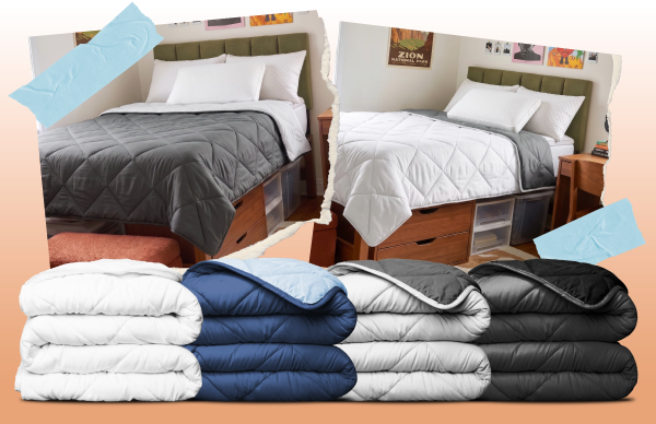Photos of a college dorm bed with a reversible comforter- one showing one side, the other showing the reversible color.