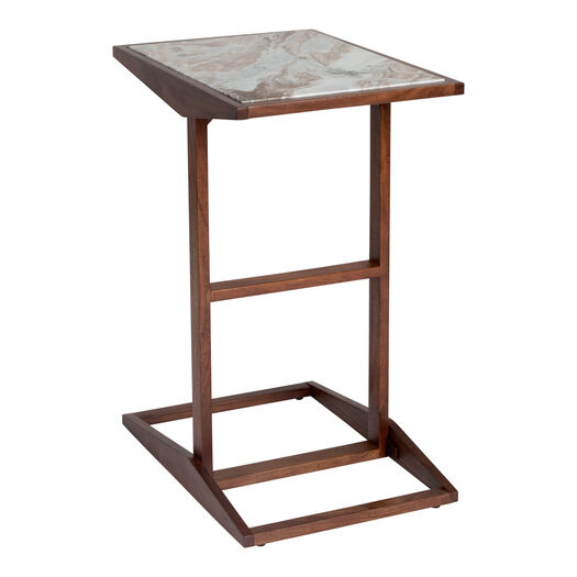 Nelson Brown Marble Top and Wood C Shaped Side Table
